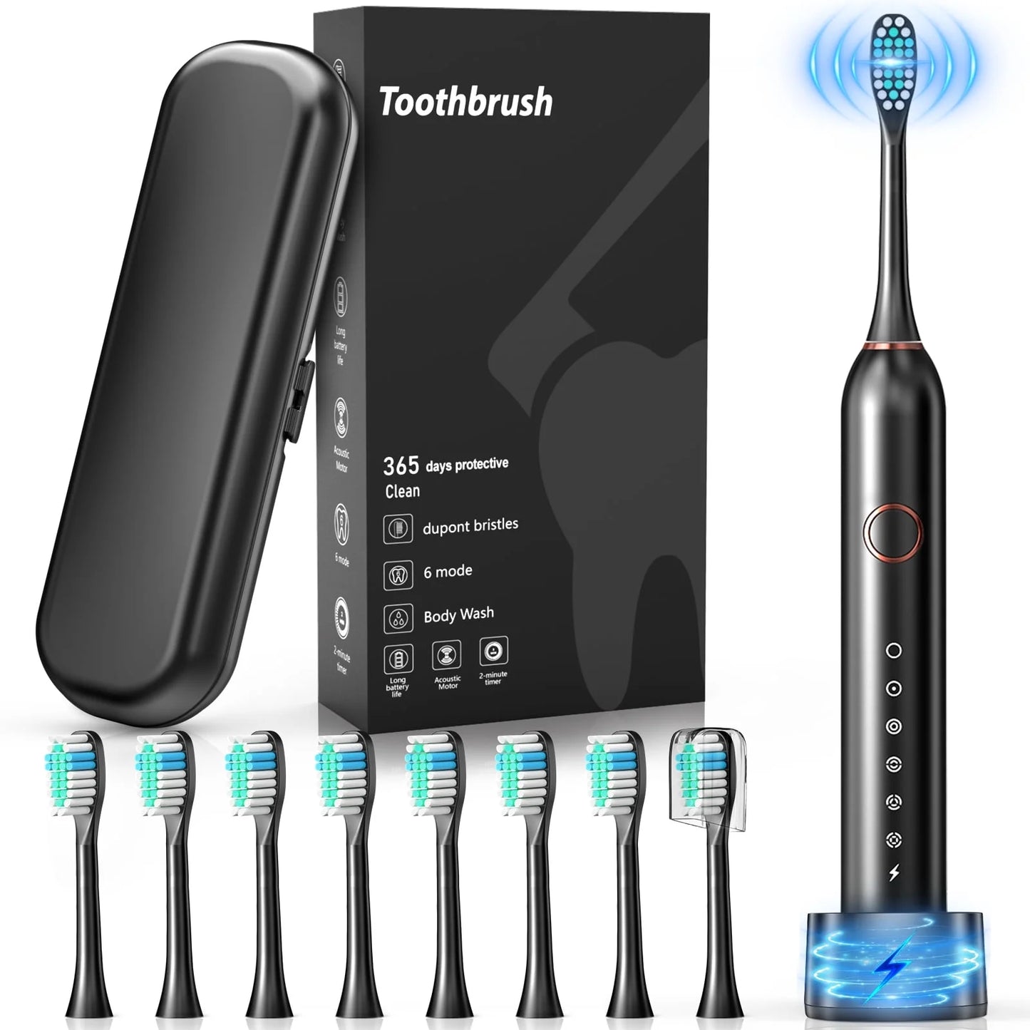 Sonic Electric Toothbrush for Adults with 8 Brush Heads, 6 Cleaning Modes, Fast Wireless Charging, 40,000 VPM Deep Cleaning, Travel Case, and Smart Timer - Black