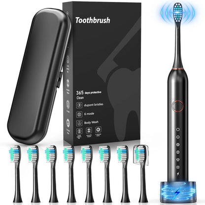 Sonic Electric Toothbrush for Adults with 8 Brush Heads, 6 Cleaning Modes, Fast Wireless Charging, 40,000 VPM Deep Cleaning, Travel Case, and Smart Timer - Black