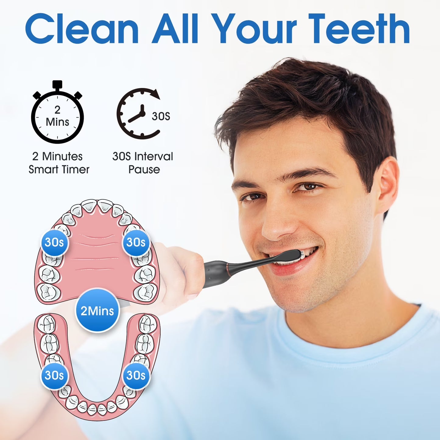 Sonic Electric Toothbrush for Adults with 8 Brush Heads, 6 Cleaning Modes, Fast Wireless Charging, 40,000 VPM Deep Cleaning, Travel Case, and Smart Timer - Black