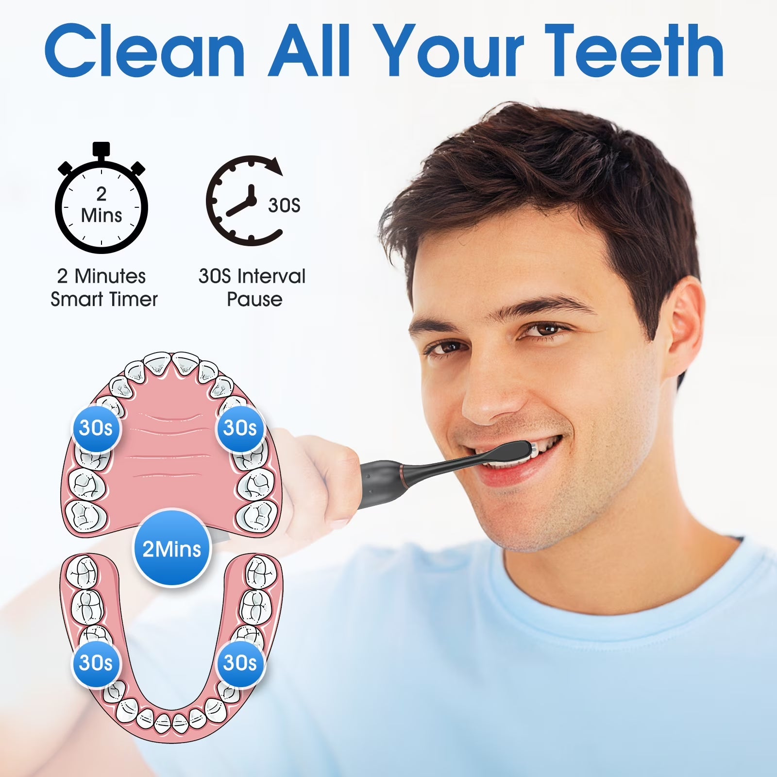 Sonic Electric Toothbrush for Adults with 8 Brush Heads, 6 Cleaning Modes, Fast Wireless Charging, 40,000 VPM Deep Cleaning, Travel Case, and Smart Timer - Black