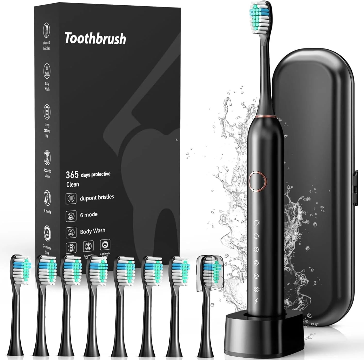 Sonic Electric Toothbrush for Adults with 8 Brush Heads, 6 Cleaning Modes, Fast Wireless Charging, 40,000 VPM Deep Cleaning, Travel Case, and Smart Timer - Black