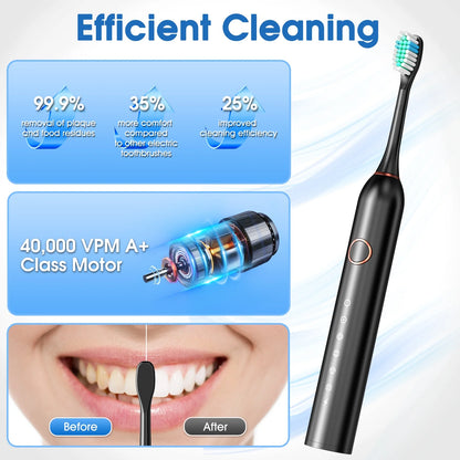 Sonic Electric Toothbrush for Adults with 8 Brush Heads, 6 Cleaning Modes, Fast Wireless Charging, 40,000 VPM Deep Cleaning, Travel Case, and Smart Timer - Black