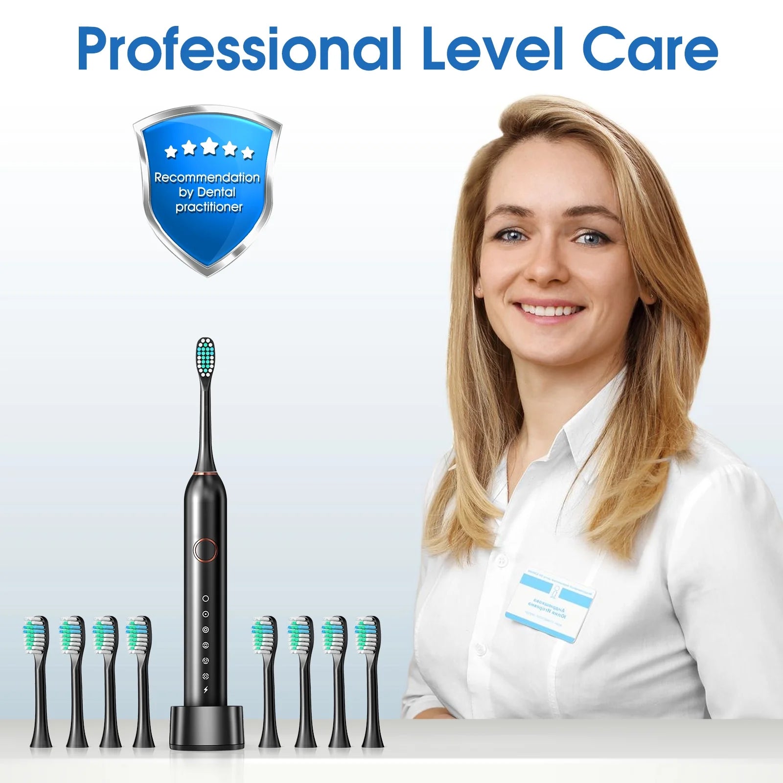 Sonic Electric Toothbrush for Adults with 8 Brush Heads, 6 Cleaning Modes, Fast Wireless Charging, 40,000 VPM Deep Cleaning, Travel Case, and Smart Timer - Black