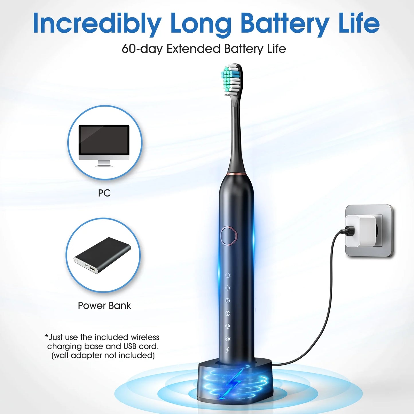 Sonic Electric Toothbrush for Adults with 8 Brush Heads, 6 Cleaning Modes, Fast Wireless Charging, 40,000 VPM Deep Cleaning, Travel Case, and Smart Timer - Black