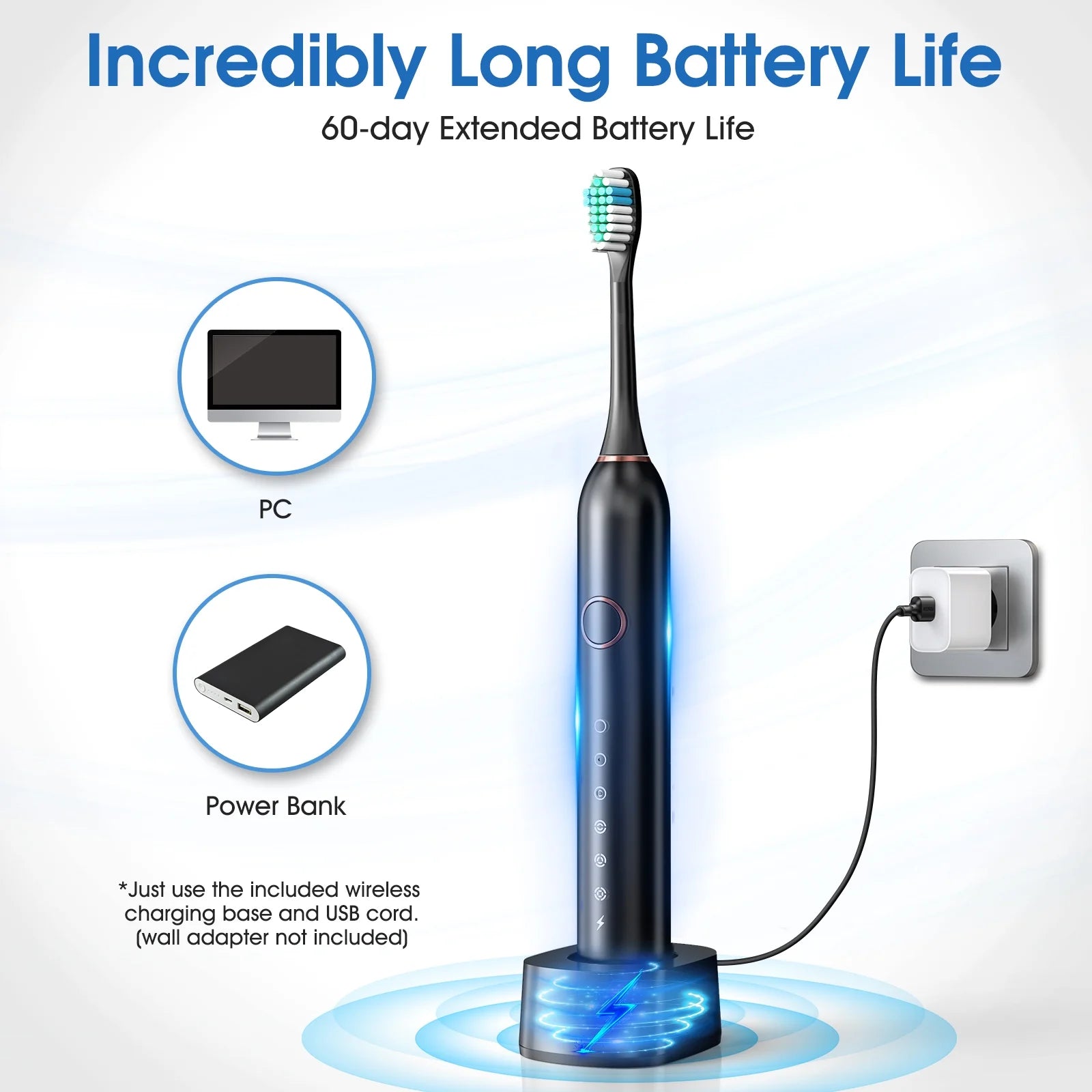 Sonic Electric Toothbrush for Adults with 8 Brush Heads, 6 Cleaning Modes, Fast Wireless Charging, 40,000 VPM Deep Cleaning, Travel Case, and Smart Timer - Black