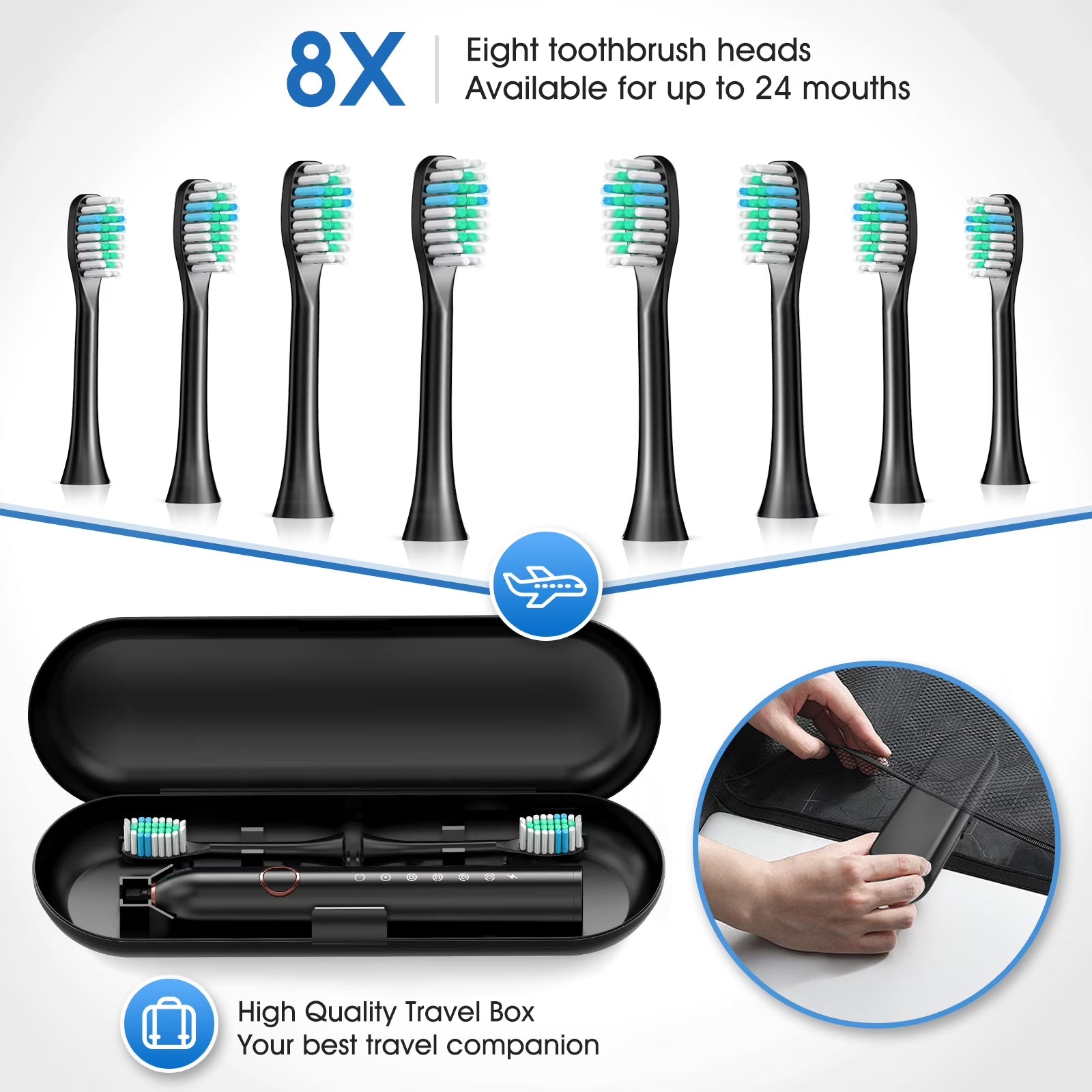 Sonic Electric Toothbrush for Adults with 8 Brush Heads, 6 Cleaning Modes, Fast Wireless Charging, 40,000 VPM Deep Cleaning, Travel Case, and Smart Timer - Black