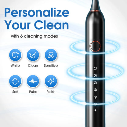 Sonic Electric Toothbrush for Adults with 8 Brush Heads, 6 Cleaning Modes, Fast Wireless Charging, 40,000 VPM Deep Cleaning, Travel Case, and Smart Timer - Black